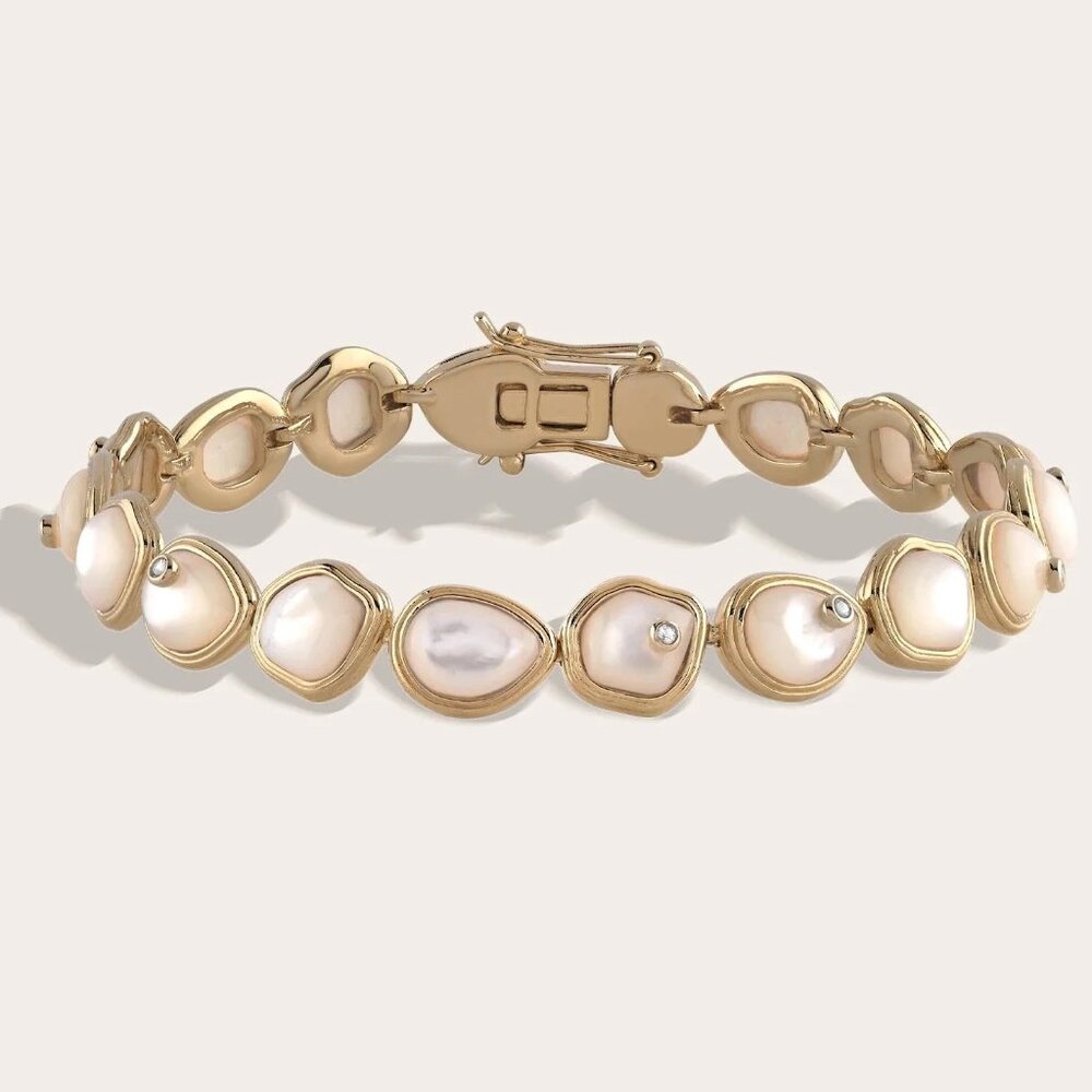 NEW Awe Inspired Organic Pearl Gemstone Tennis Bracelet 14K Yellow Gold Vermeil
